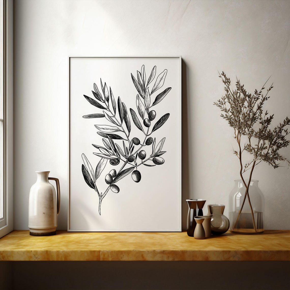 Black Ink Olive Branch Botanical Sketch Vintage Engraving Style Poster - Image 4