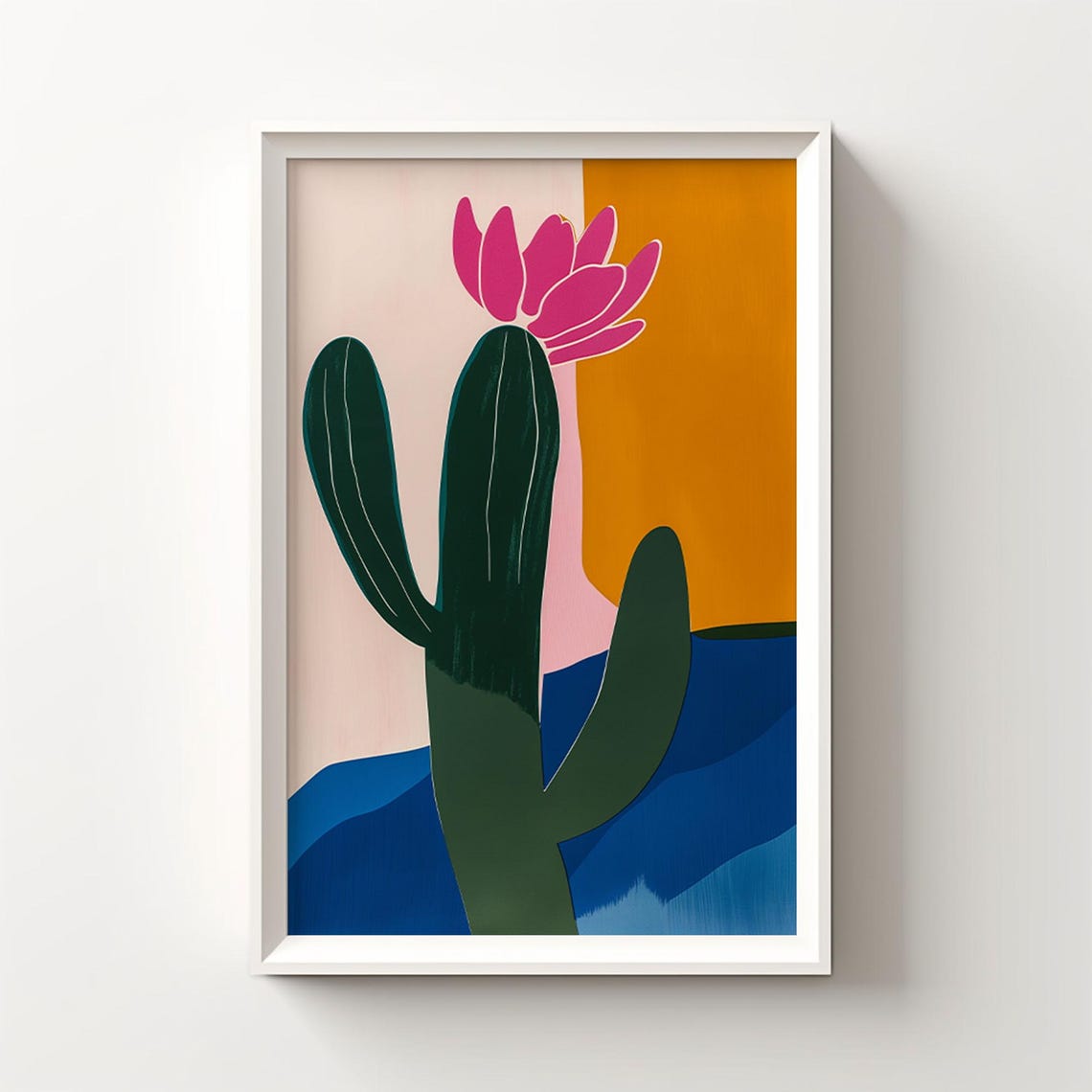 Retro Cactus with Pink Bloom Colorful Desert Geometric Wall Art