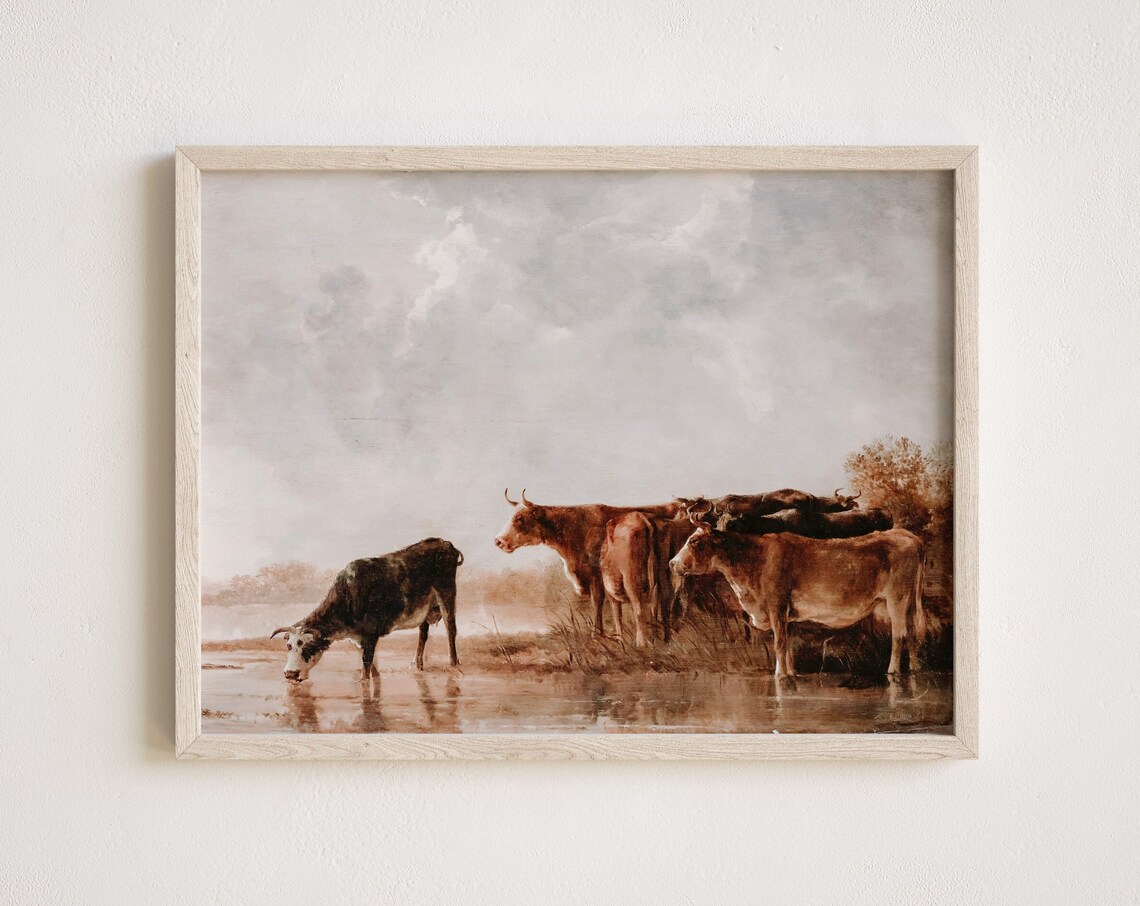 Vintage Country Landscape Cows at Misty Lake Oil Painting Poster