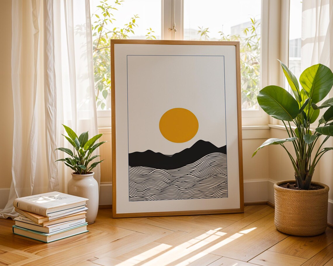 Line Art Sunrise Boho Ocean Landscape Art Print