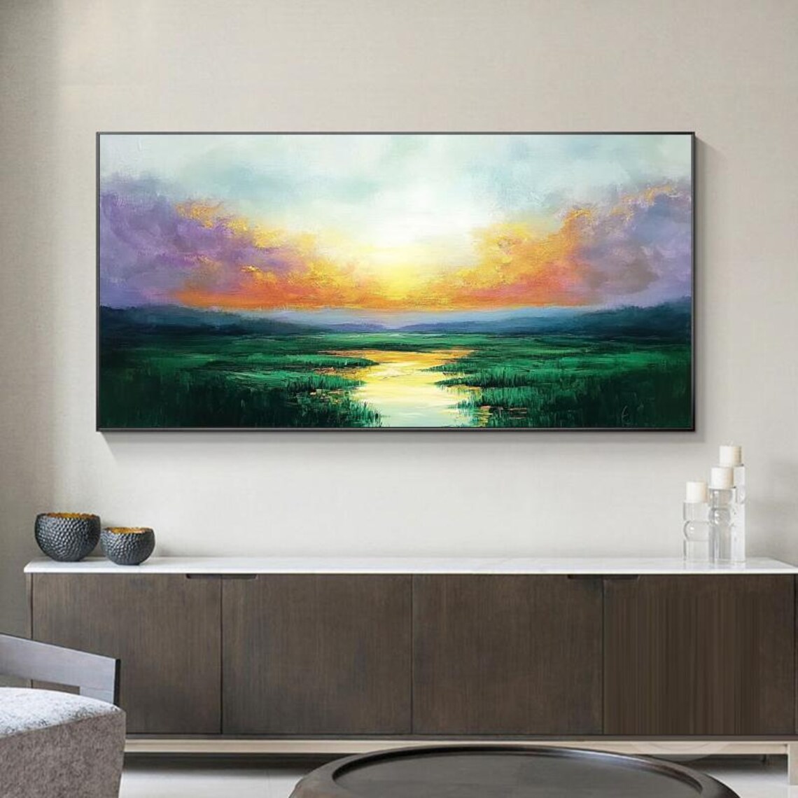 Sunrise Over Water Lily Wetland Golden Meadow Nature Painting Poster - Image 6