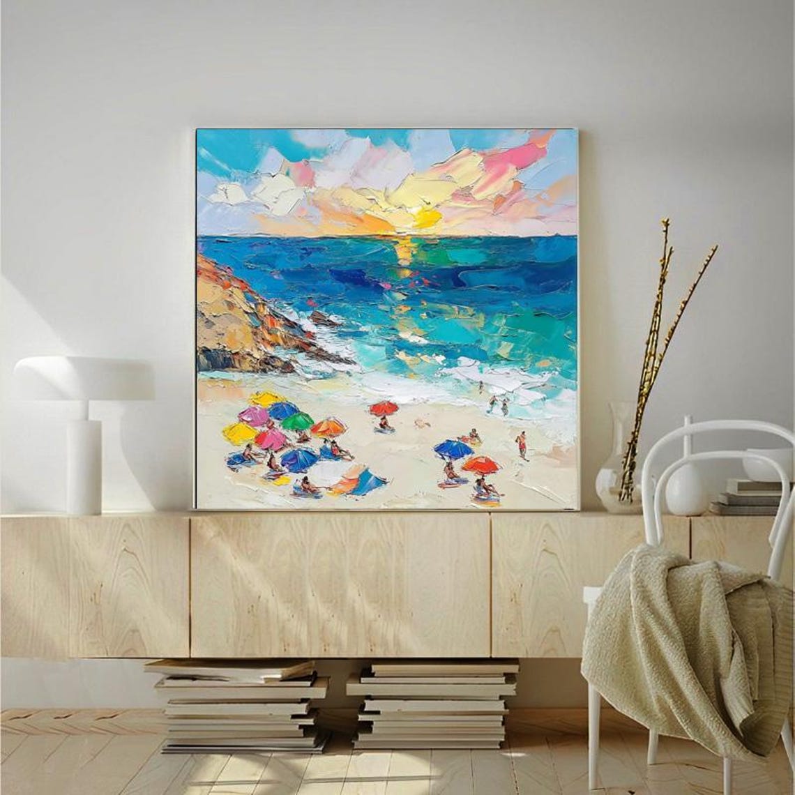Colorful Beach Umbrellas at Sunset on a Turquoise Shore Square Poster - Image 2