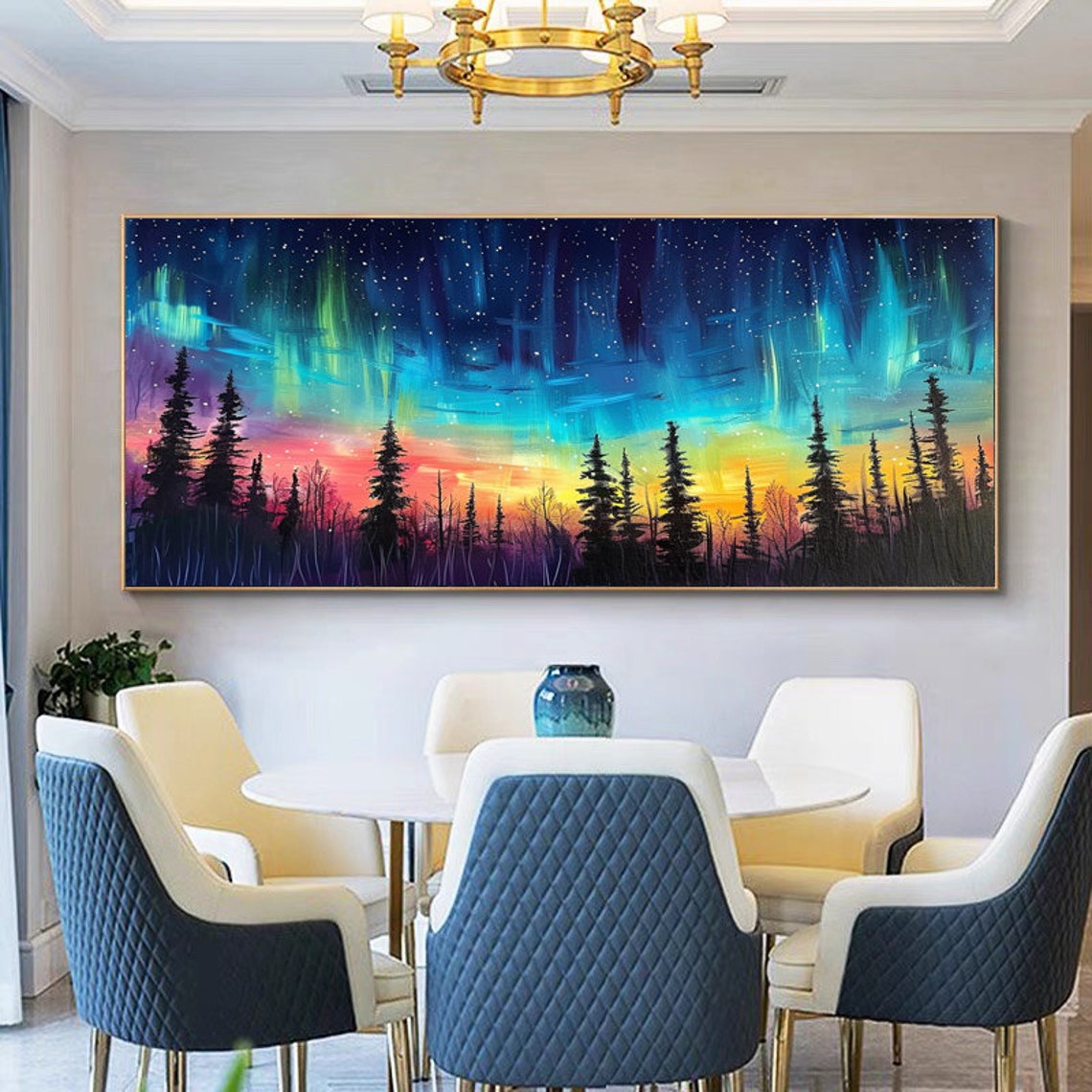 Northern Lights Over Pine Forest Starry Night Sky Painting Poster - Image 3