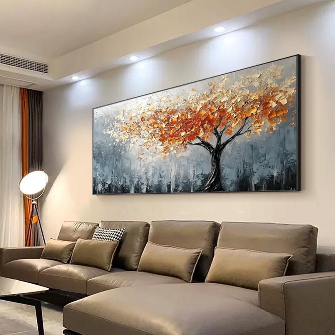 Autumn Tree Of Life Orange Leaves On Grey Forest Painting Poster - Image 2