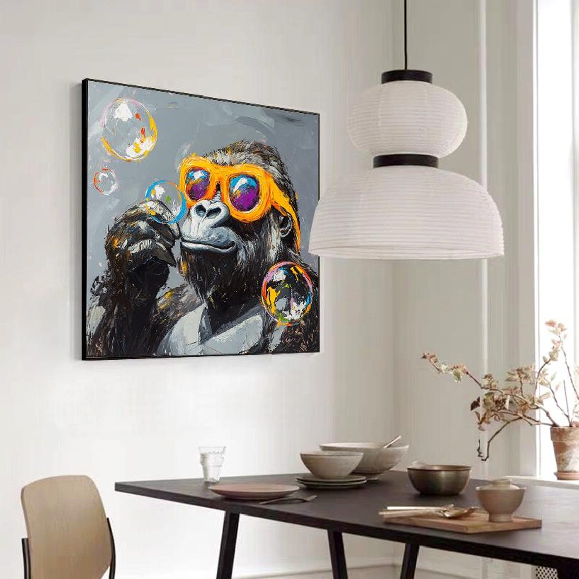 Playful Gorilla in Orange Sunglasses Blowing Shiny Bubbles Wall Art - Image 3