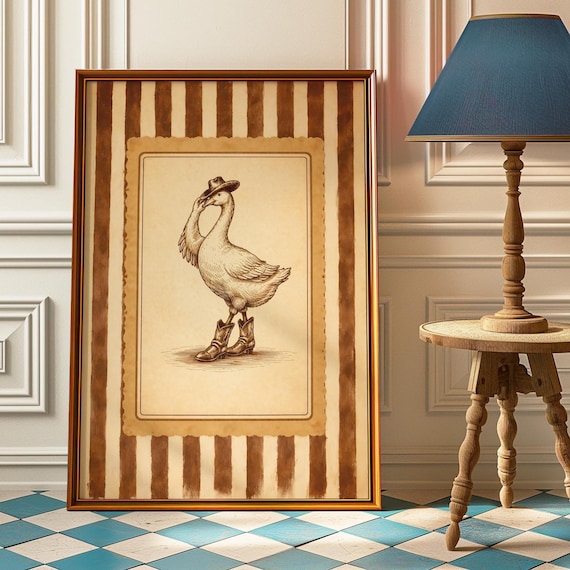 Silly Goose In Cowboy Hat And Boots Vintage Engraving Funny Bird Poster
