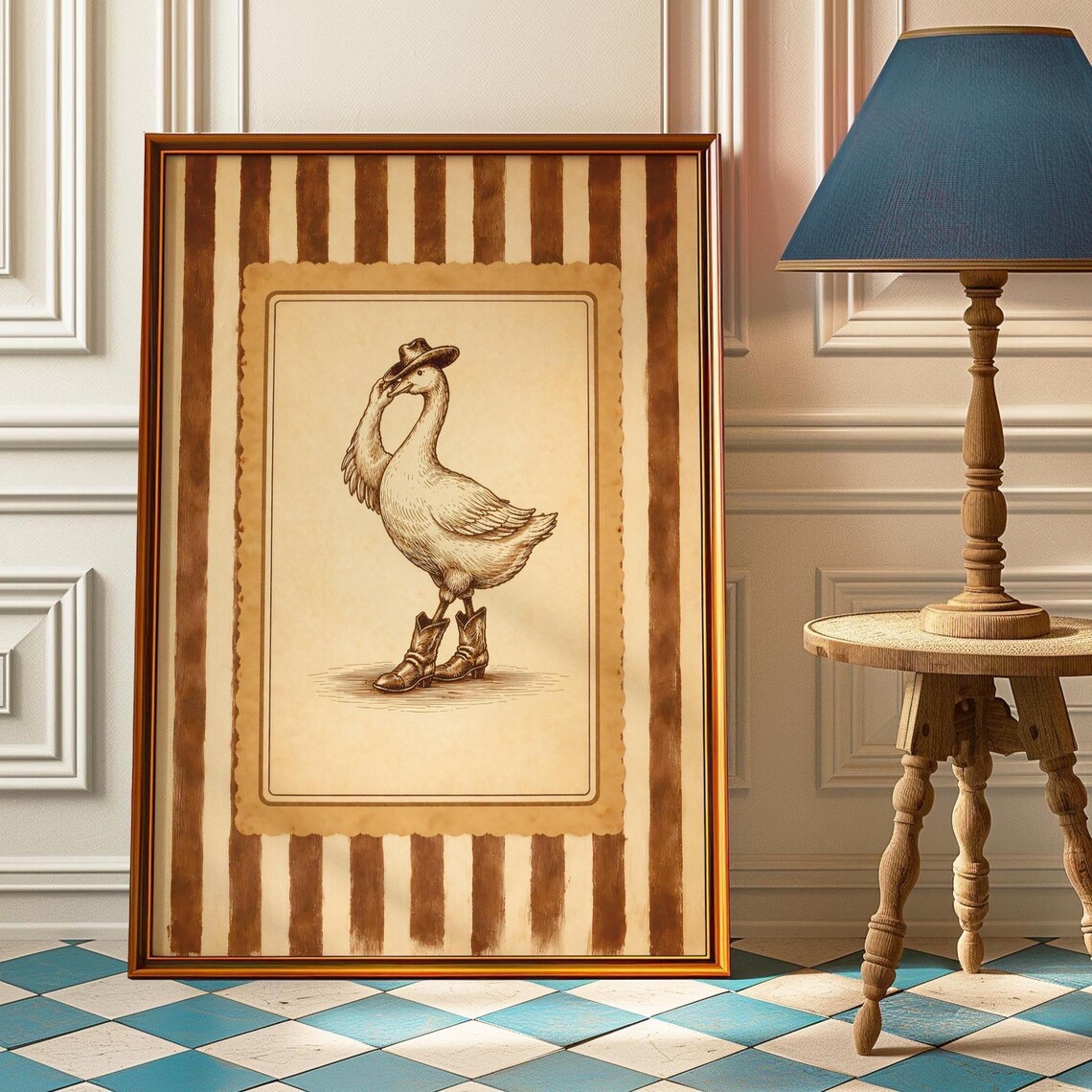Silly Goose In Cowboy Hat And Boots Vintage Engraving Funny Bird Poster