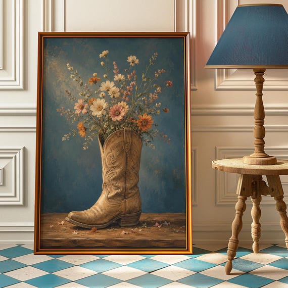Cowboy Boot Wildflower Vase Poster Moody Western Wall Art Country Floral Print