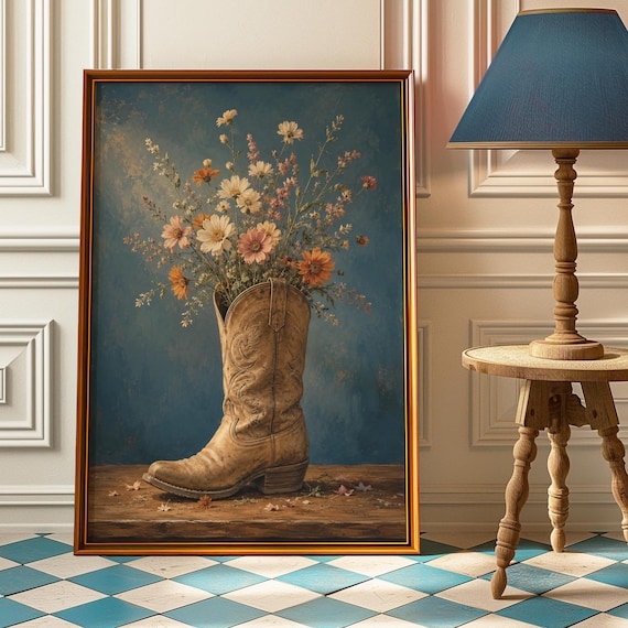 Vintage Cowboy Boot Wildflower Bouquet Rustic Western Wall Poster