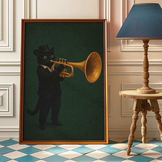 Jazz Cat Poster Black Trumpet Wall Art Whimsical Music Print Dark Green Painting Room Decor Lover Musician Gift