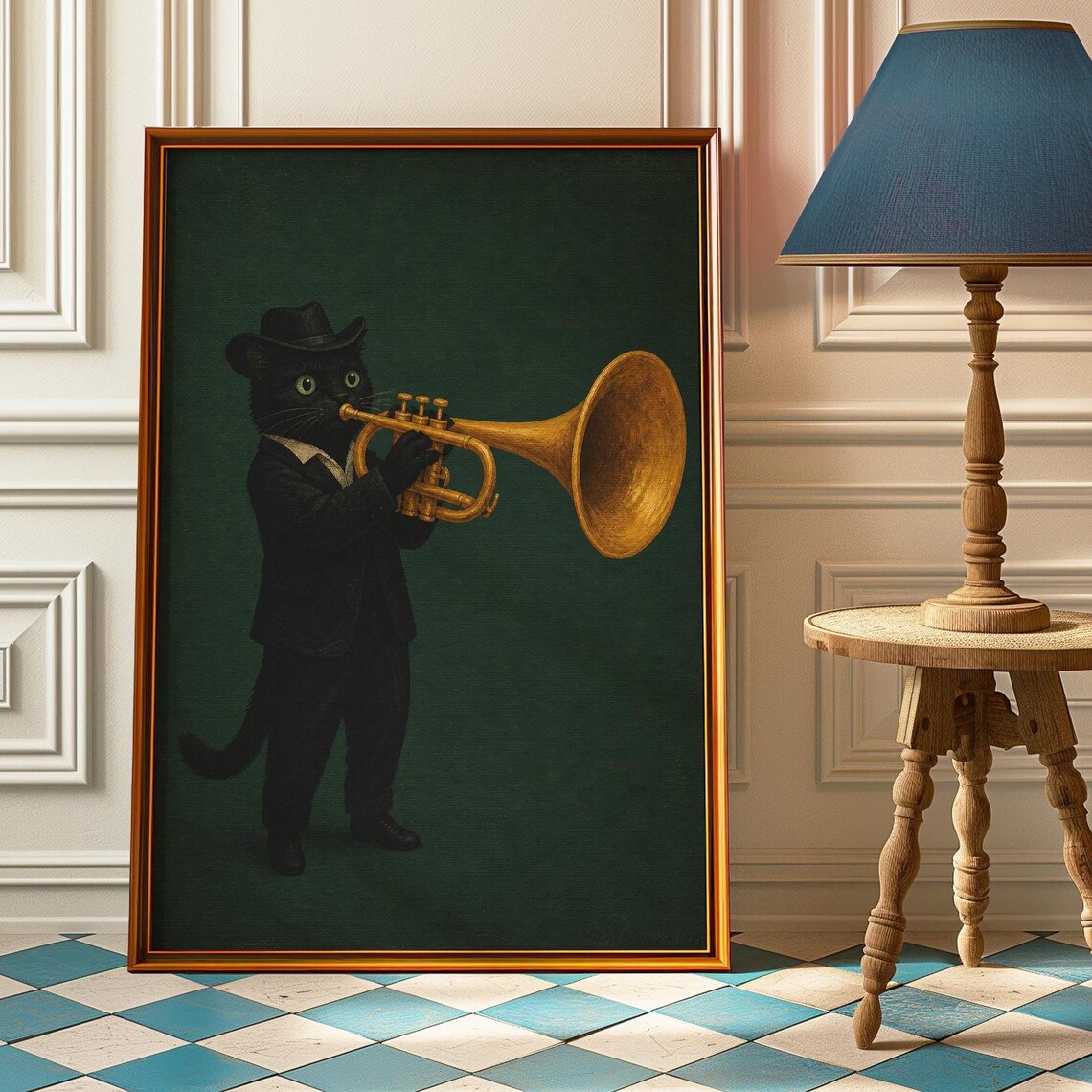 Black Cat Trumpet Player Poster Whimsical Jazz Musician Animal Art