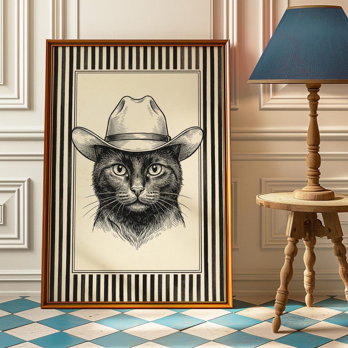 Cowboy Hat Cat Black Ink Portrait Dramatic Striped Frame Art Poster