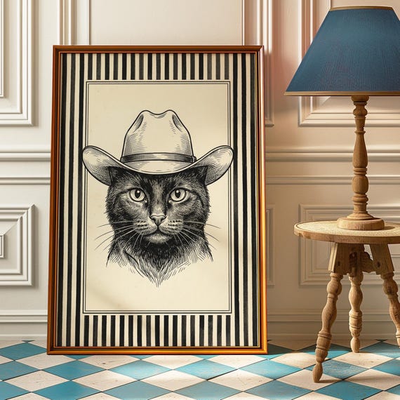 Black Cat Cowboy Poster Modern Western Wall Art Detailed Portrait Print Minimalist Country Decor