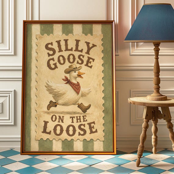 Silly Goose On The Loose Poster Funny Cowboy Wall Art Western Stamp Print