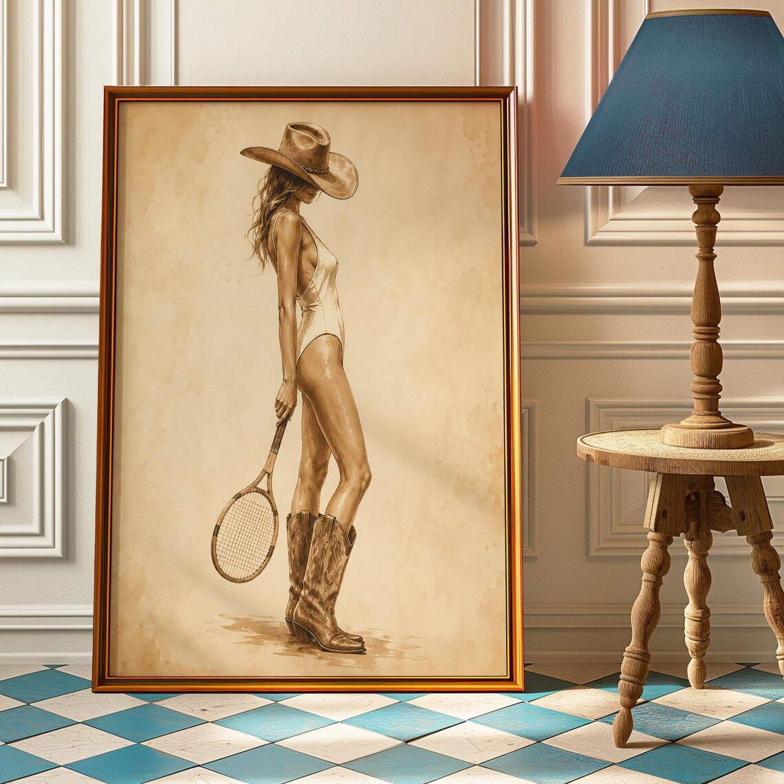 Tennis Cowgirl Poster, Vintage Western Art Print