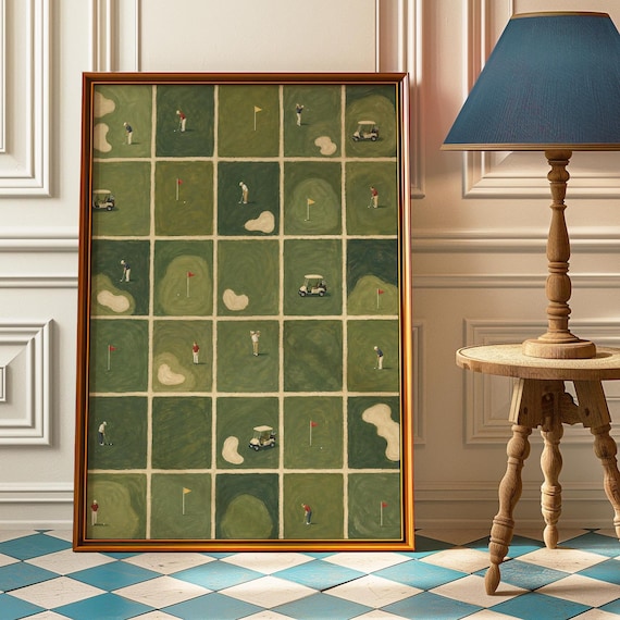 Tiny Golfers Course Grid Poster Vintage Green Office Putting Gift Decor