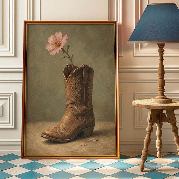 Cowboy Boot with Pink Flower Vintage Western Still Life Painting Rustic Poster