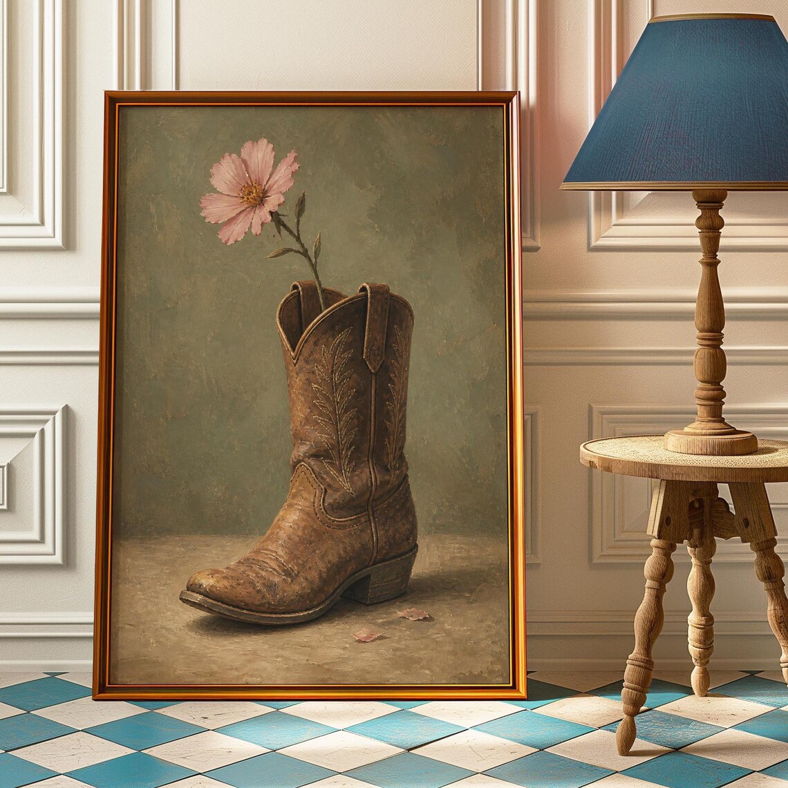 Boot And Flower Poster Cowgirl Wall Art Pink Cosmos Print Vintage Western Painting Country Bedroom Decor Closet Gift