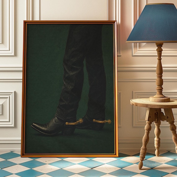 Cowboy Boots With Spurs Poster Western Wall Art Vintage Rodeo Print Dark Green Painting Rustic Ranch Decor Country Bedroom