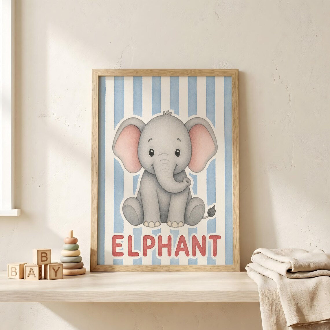 Cute Baby Elephant Nursery Watercolor Poster Soft Blue Striped Background