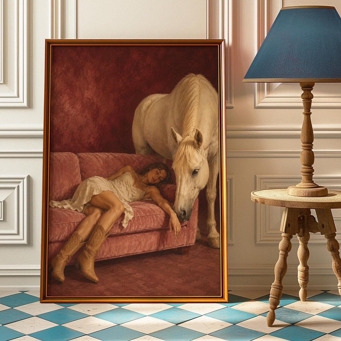 Sleeping Cowgirl Pink Velvet Sofa White Horse Western Art Poster