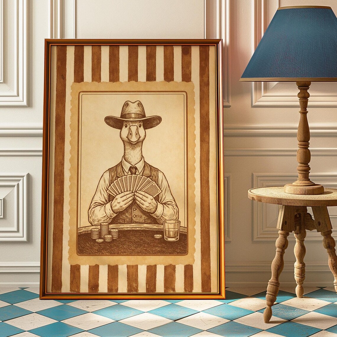 Cowboy Duck Playing Poker Cards Sepia Vintage Gambler Animal Poster
