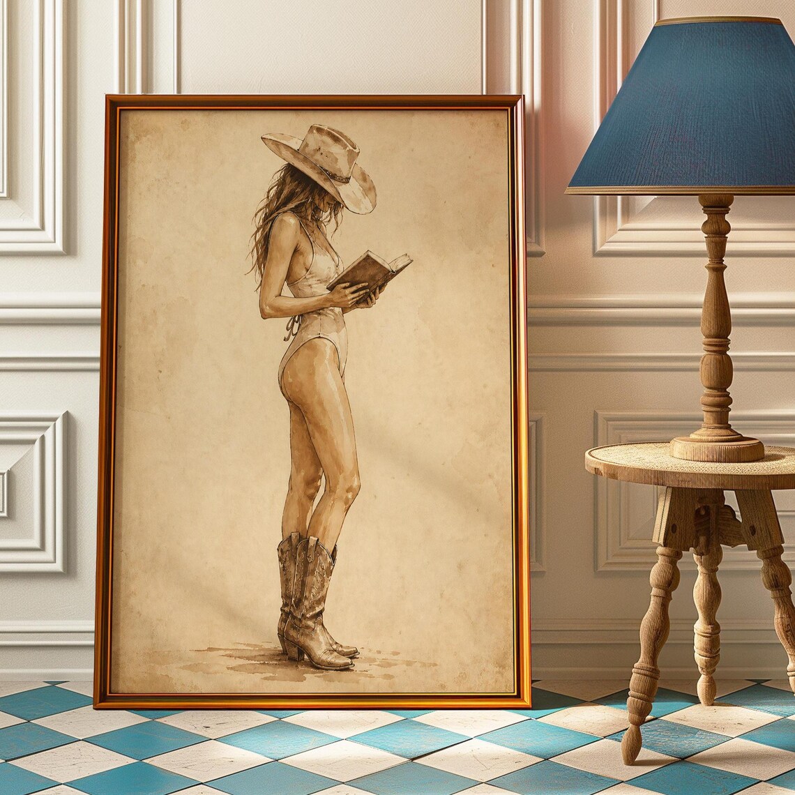 Sepia Cowgirl Reading Book Cowboy Hat Boots Western Art Poster