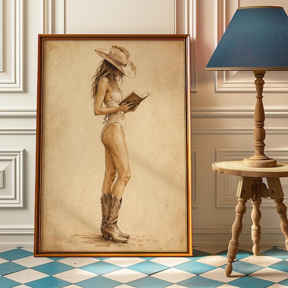 Sepia Cowgirl Reading Book Cowboy Hat Boots Western Art Poster