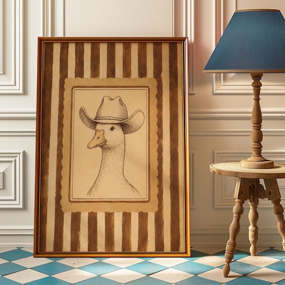 Goose Wearing Cowboy Hat Vintage Sketch Striped Western Poster