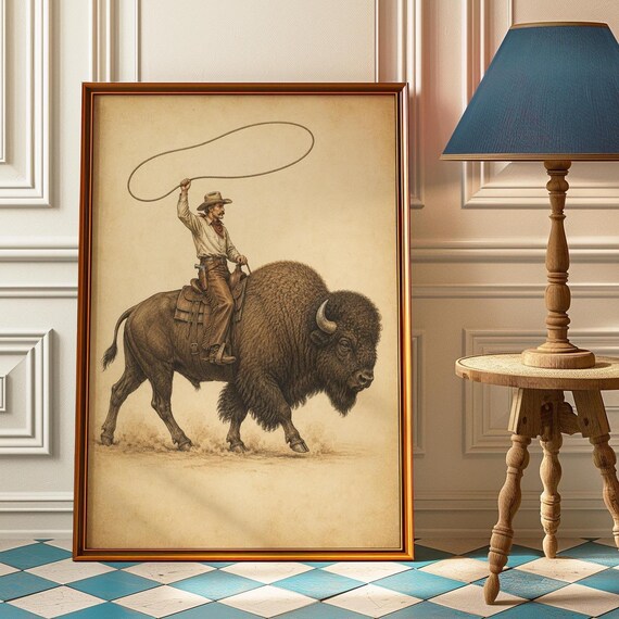Vintage Cowboy Riding Buffalo With Lasso Western Ranch Art Poster