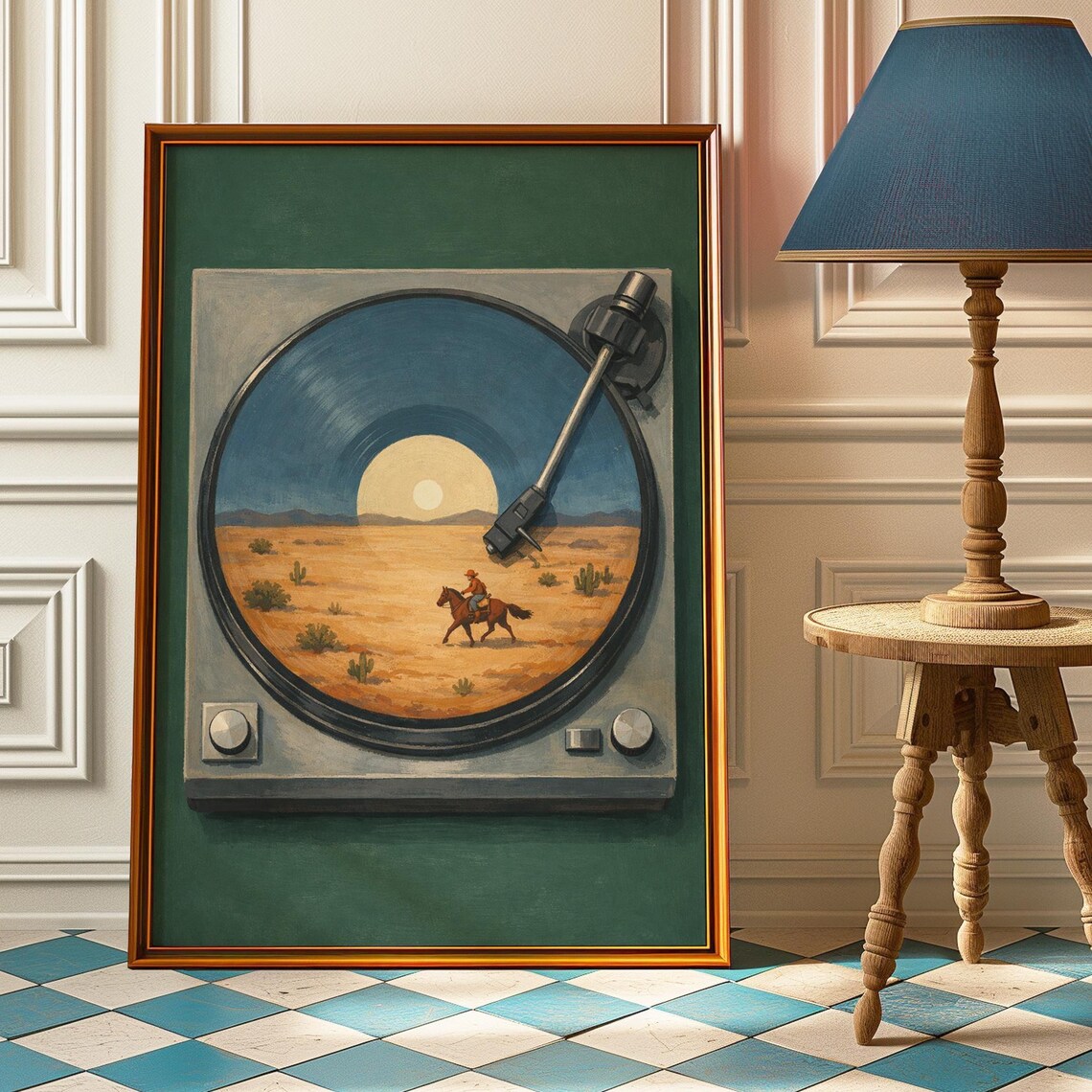 Cowboy Desert Sunset Vinyl Record Turntable Music Western Art Poster