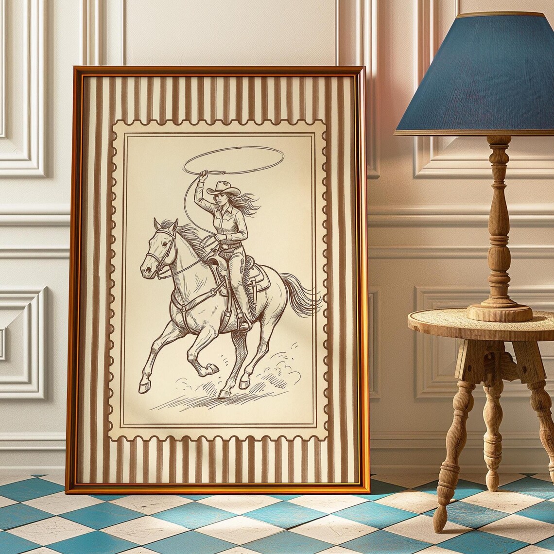 Cowgirl Horseback Lasso Vintage Western Engraving Stripe Poster