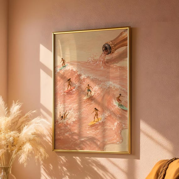 Ros Surf Poster Coastal Wall Art Pink Champagne Wave Print Beach House Summer Decor