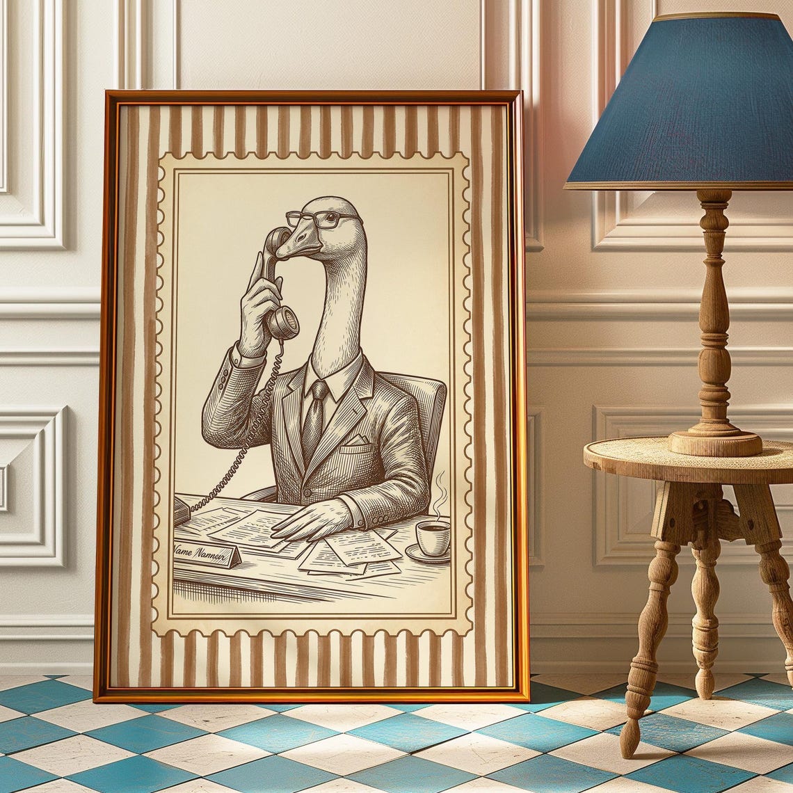 Goose in Suit Talking on Retro Telephone Office Humor Wall Art