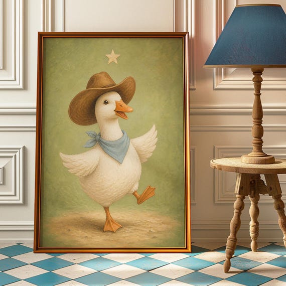 Dancing Cowboy Goose Poster Silly Nursery Wall Art Western Baby Print Funny Duck Painting Country Decor Boy Gift
