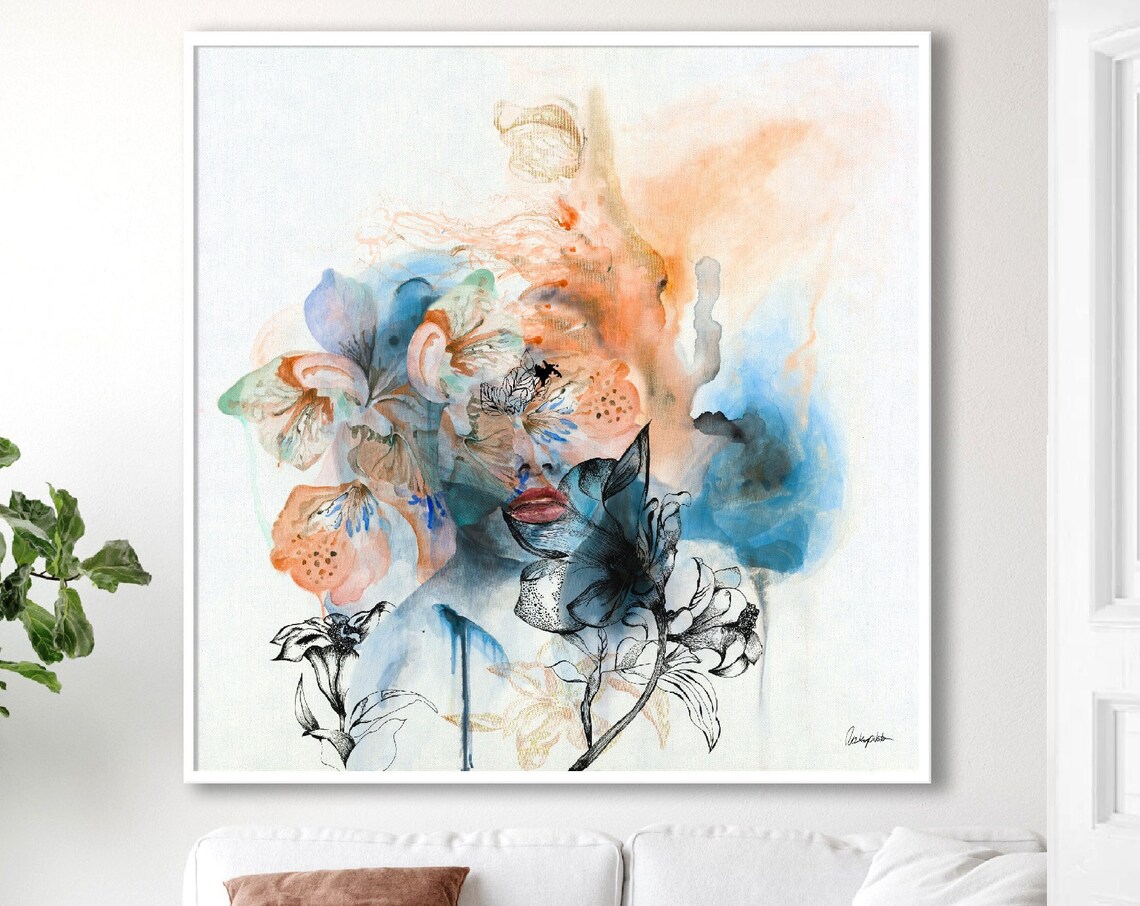Abstract Woman Painting, Orange and Blue Wall Art