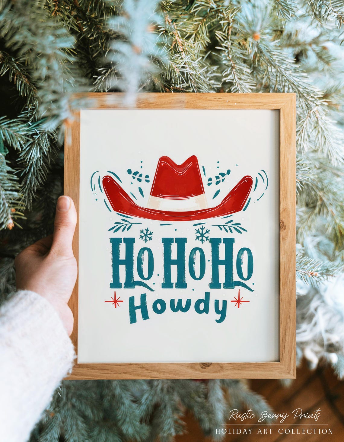 Ho Ho Ho Howdy Red Cowboy Hat Teal Western Christmas Quote Poster