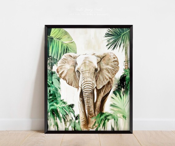 Elephant Tropical Palm Leaves Safari Watercolor Nursery Poster