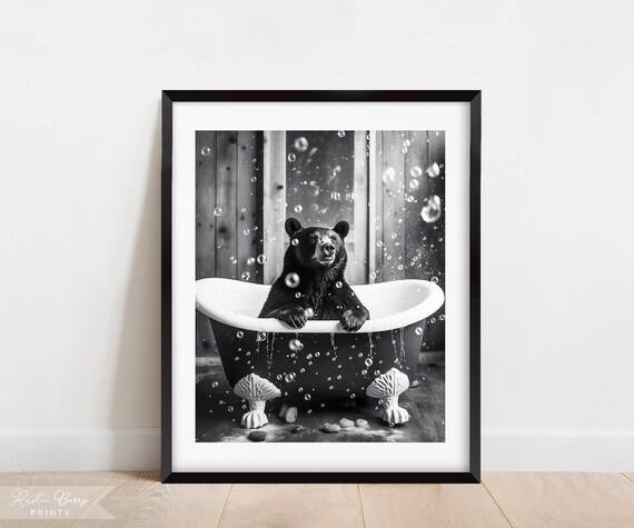 Black Bear Relaxing In Bubble Bath Tub Rustic Cabin Black White Wall Art Poster