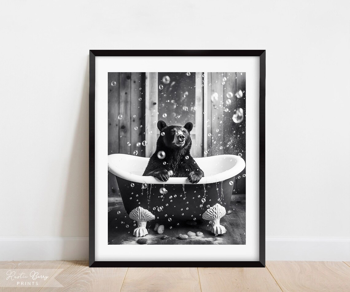 Black Bear Relaxing In Bubble Bath Tub Rustic Cabin Black White Wall Art Poster