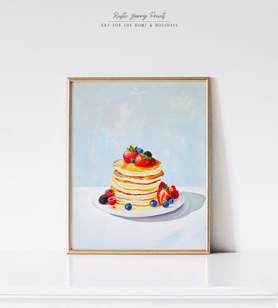 Fruity Pancakes Art Print Wall Art Vintage Poster Retro Food Art Poster Kitchen Art Foodie Art Strawberries Berries