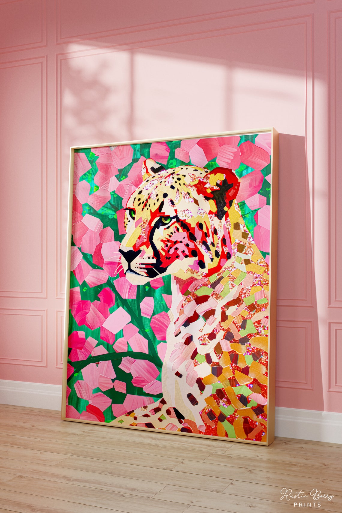 Colorful Mosaic Cheetah Among Pink Flowers Maximalist Jungle Wall Art