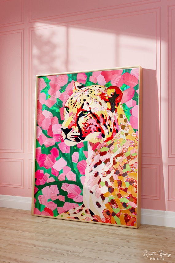 Colorful Mosaic Cheetah Among Pink Flowers Maximalist Jungle Wall Art