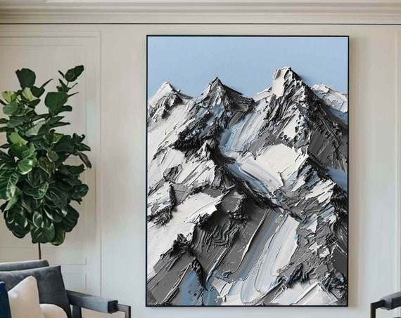 Large Abstract Mountain Texture Painting On Blue White Snow Mountain Wall Art Landscape Painting Modern Trendy Living Room Wall Decor