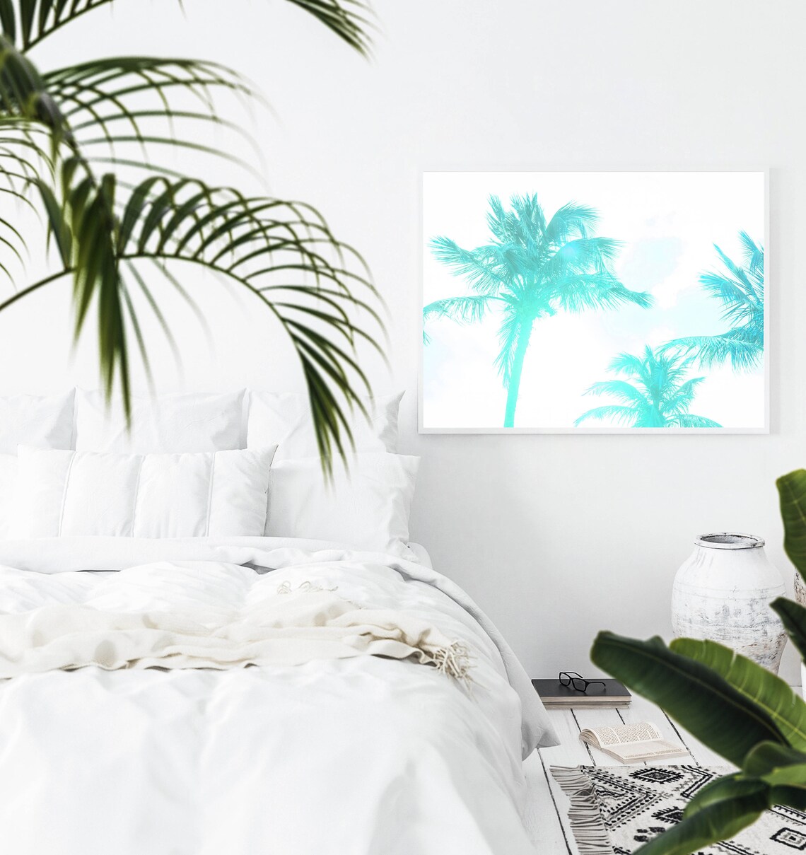 Turquoise Palm Tree Print Tropical Large Wall Art Turquoise Art Boho Beach Print Blue Palm Tree Blue Artwork - Image 2
