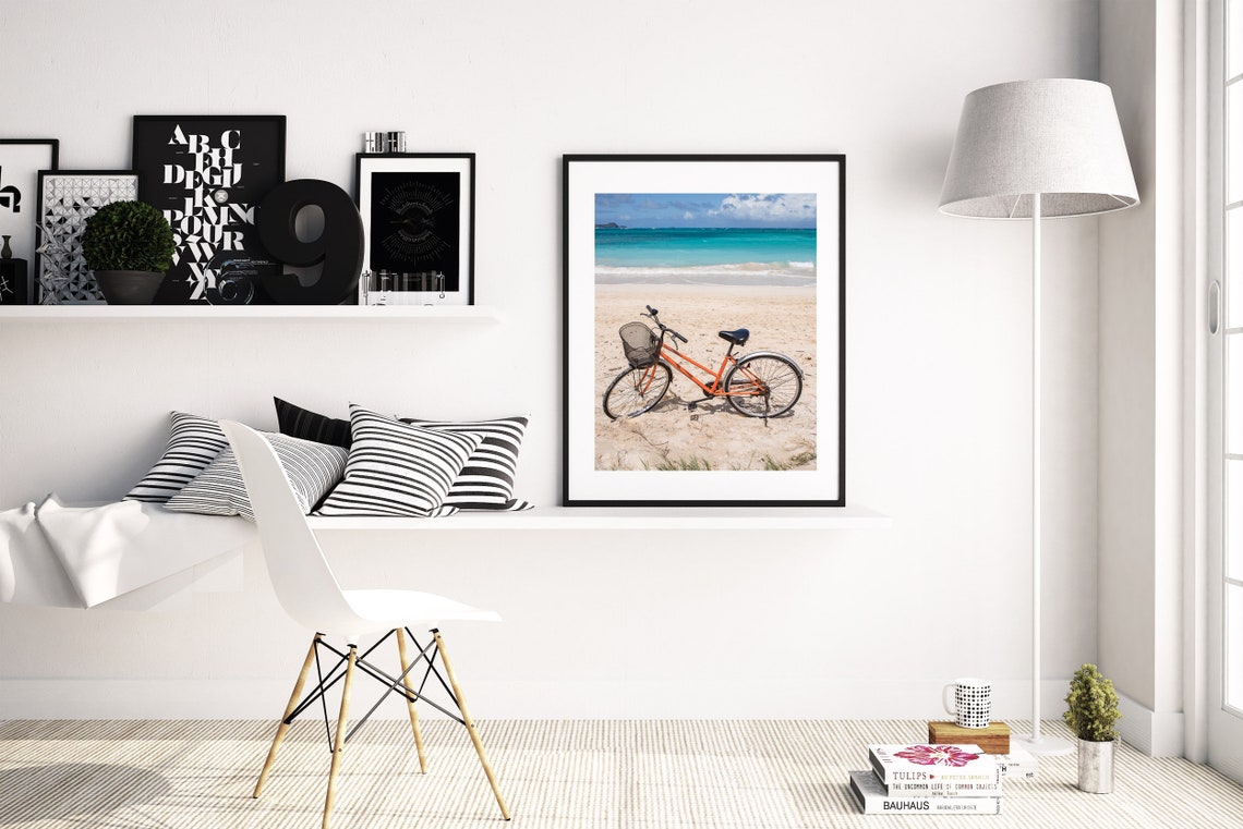 Vintage Orange Bicycle Parked on a Tropical Beach Shore Poster - Image 3