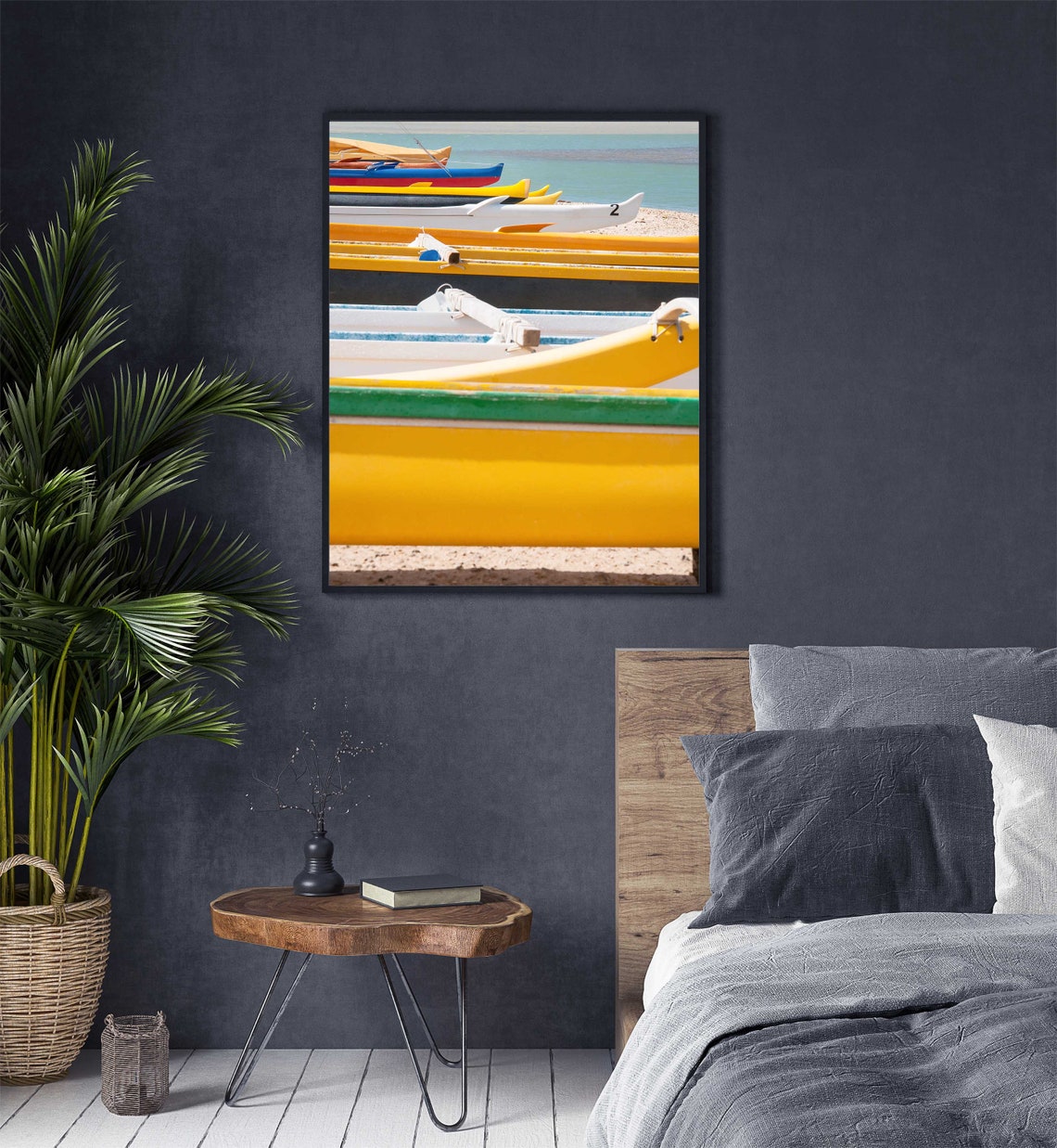 Colorful Outrigger Canoes Lined Up on Sandy Beach Shore Poster - Image 3