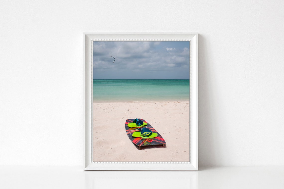 Kitesurfing Board on White Sand Beach Turquoise Sea Photography Poster - Image 3