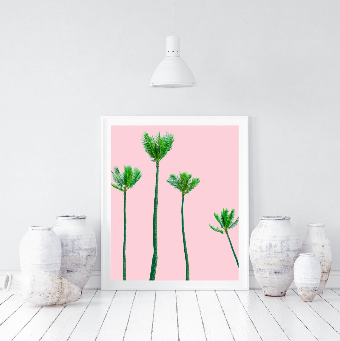 Tall Green Palm Trees on a Pink Background Minimal Art Poster