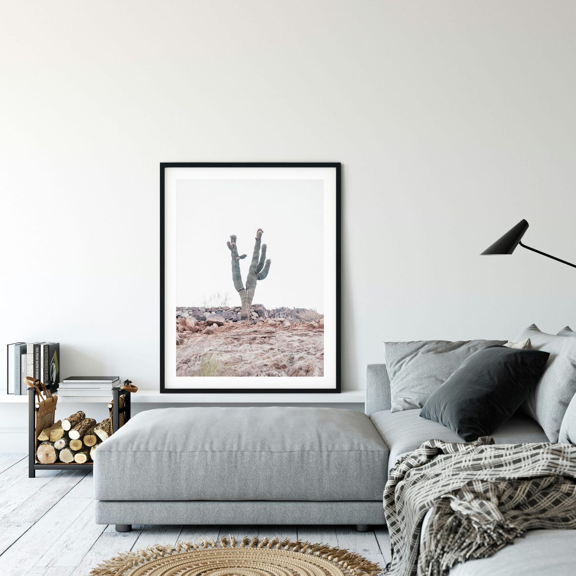 Lone Saguaro Cactus on Minimalist Rocky Desert Hill Scene Poster